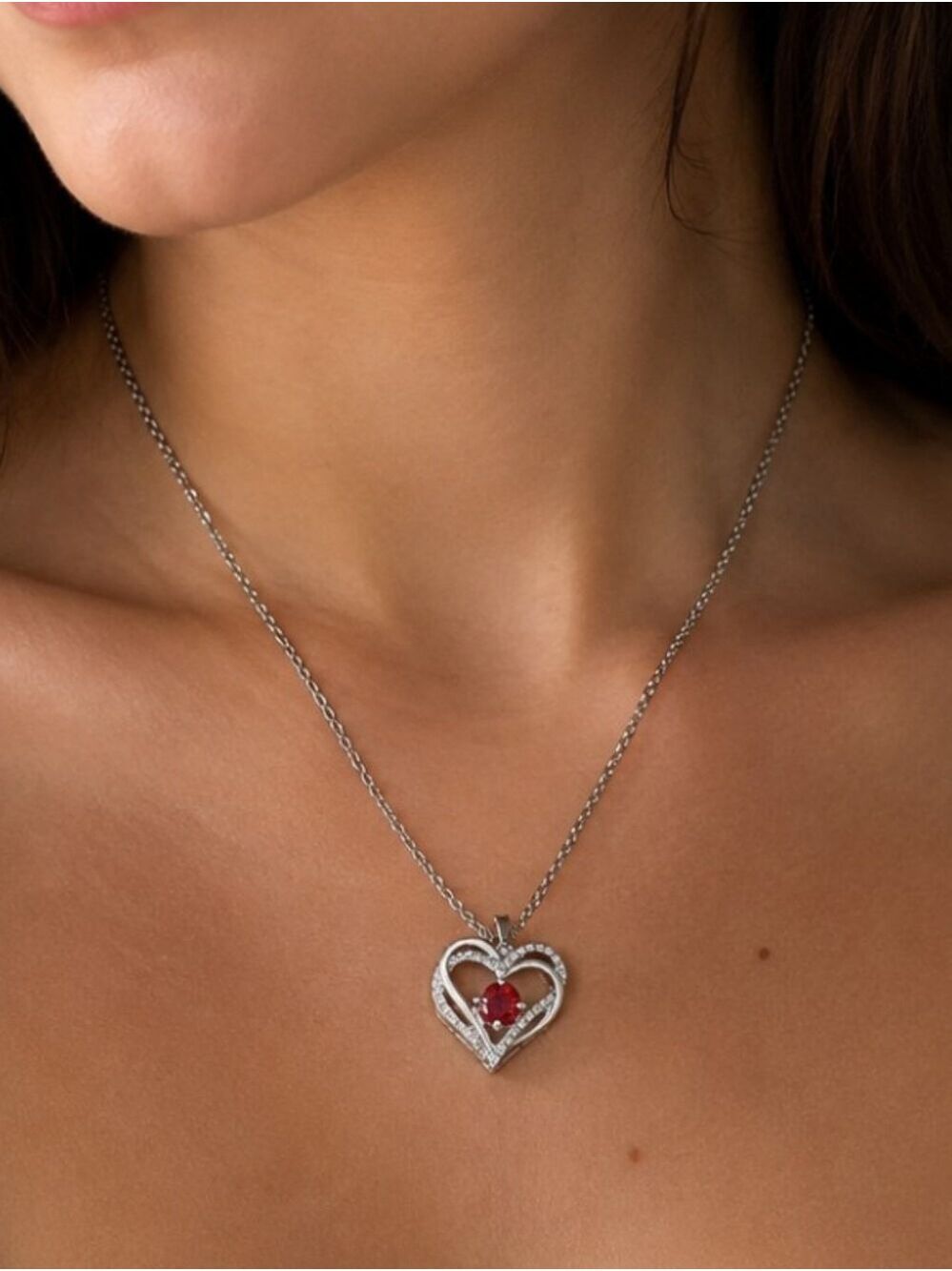 New Silver-Tone Heart Pendant Necklace with Red Crystal Accent